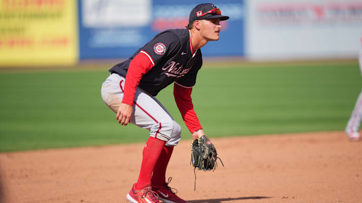 Mar 15, 2024; Port St. Lucie, Florida, USA; Washington Nationals third baseman Brady House (55) participates in the Spring Breakout game against the New York Mets at Clover Park. Mar 15, 2024; Port St. Lucie, Florida, USA; Washington Nationals third baseman Brady House (55) participates in the Spring Breakout game against the New York Mets at Clover Park.