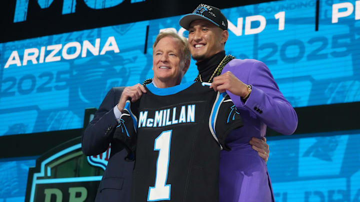 Apr 24, 2025; Green Bay, WI, USA; NFL commissioner Roger Goodell with Arizona Wildcats wide receiver Tetairoa McMillan after he is selected by the Carolina Panthers as the number eight pick  in the first round of the 2025 NFL Draft at Lambeau Field. Mandatory Credit: Kirby Lee-Imagn Images