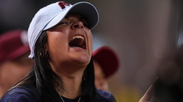 Philadelphia Phillies fan reacts against the Arizona Diamondbacks in the ninth inning during game five of the NLCS for the 2023 MLB playoffs at Chase Field.