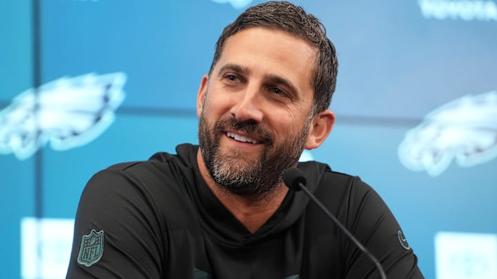 Philadelphia Eagles coach Nick Sirianni at the press conference at the Neo Quimica Arena.