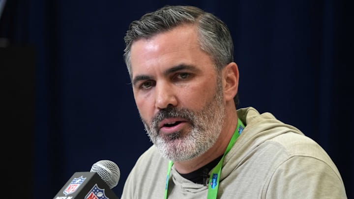 Feb 27, 2025; Indianapolis, IN, USA; Cleveland Browns coach Kevin Stefanski speaks during the 2025 NFL Scouting Combine at the Indiana Convention Center. Mandatory Credit: Kirby Lee-Imagn Images