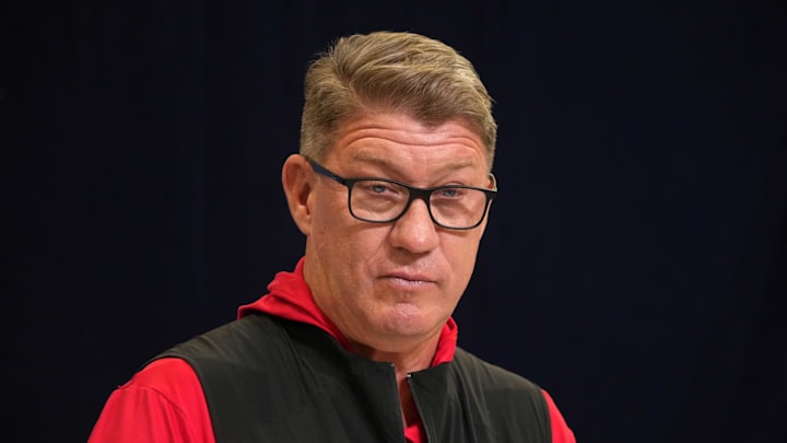Feb 25, 2025; Indianapolis, IN, USA; Tampa Bay Buccaneers general manager Jason Licht speaks during the NFL Scouting Combine at the Indiana Convention Center. Mandatory Credit: Kirby Lee-Imagn Images
