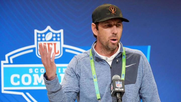 Feb 25, 2025; Indianapolis, IN, USA; Indianapolis Colts coach Shane Steichen speaks during the NFL Scouting Combine at the Indiana Convention Center. 