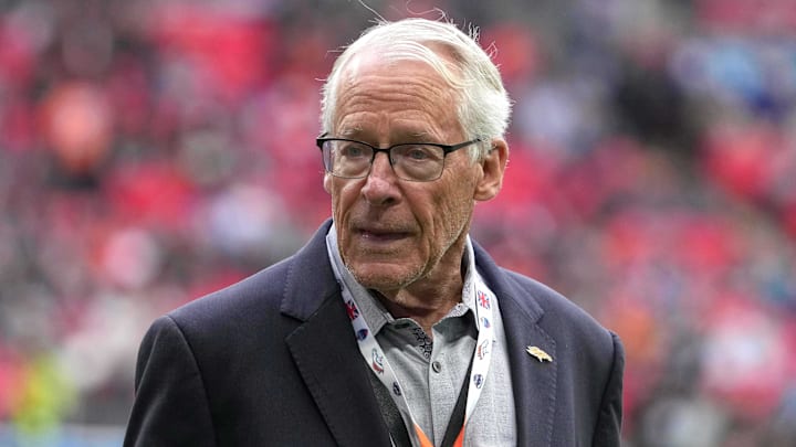 Oct 30, 2022; London, United Kingdom; Denver Broncos owner Rob Walton reacts during an NFL International Series game against the Jacksonville Jaguars at Wembley Stadium. The Broncos defeated the Jaguars 21-17. Mandatory Credit: Kirby Lee-Imagn Images