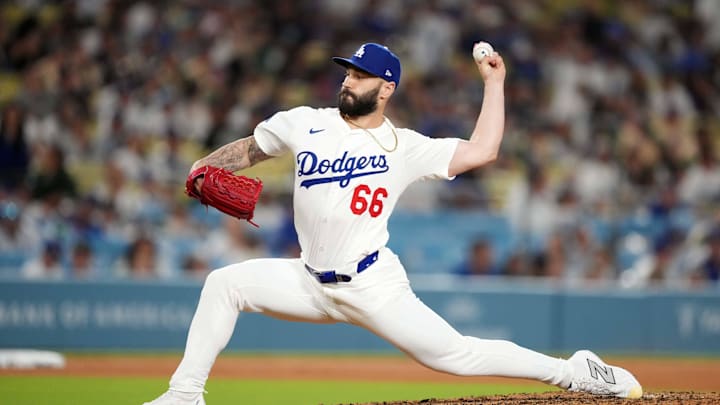 May 20, 2025; Los Angeles, California, USA; Los Angeles Dodgers relief pitcher Tanner Scott (66) throws in the 10th inning against the Arizona Diamondbacks at Dodger Stadium. Mandatory Credit: Kirby Lee-Imagn Images