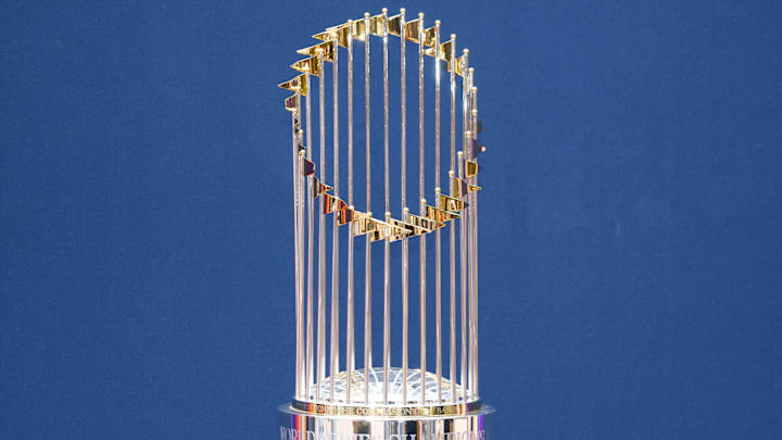 Apr 28, 2024; Mexico City, Mexico; The Commissioner's World Series champion trophy at the MLB World Tour Mexico City Series game at Estadio Alfredo Harp Helu. Mandatory Credit: Kirby Lee-Imagn Images Apr 28, 2024; Mexico City, Mexico; The Commissioner's World Series champion trophy at the MLB World Tour Mexico City Series game at Estadio Alfredo Harp Helu. Mandatory Credit: Kirby Lee-Imagn Images