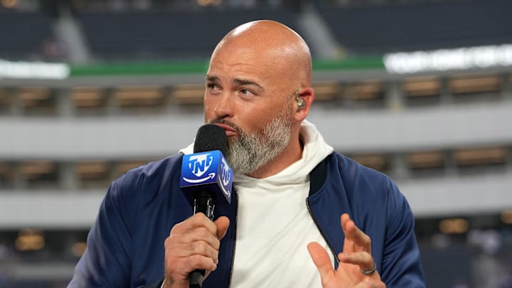 Oct 24, 2024; Inglewood, California, USA; Andrew Whitworth on the Thursday Night Football Tonight set at SoFi Stadium. Mandatory Credit: Kirby Lee-Imagn Images