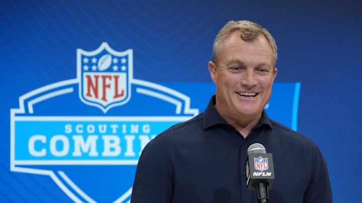Feb 27, 2025; Indianapolis, IN, USA; San Francisco 49ers general manager John Lynch speaks during the 2025 NFL Scouting Combine at the Indiana Convention Center. Mandatory Credit: Kirby Lee-Imagn Images