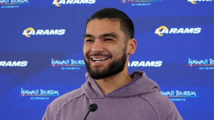 Jun 3, 2025; Woodland Hills, CA, USA; Los Angeles Rams receiver Puka Nacua at press conference during organized team activities at Rams Practice Facility. Mandatory Credit: Kirby Lee-Imagn Images Jun 3, 2025; Woodland Hills, CA, USA; Los Angeles Rams receiver Puka Nacua at press conference during organized team activities at Rams Practice Facility. Mandatory Credit: Kirby Lee-Imagn Images