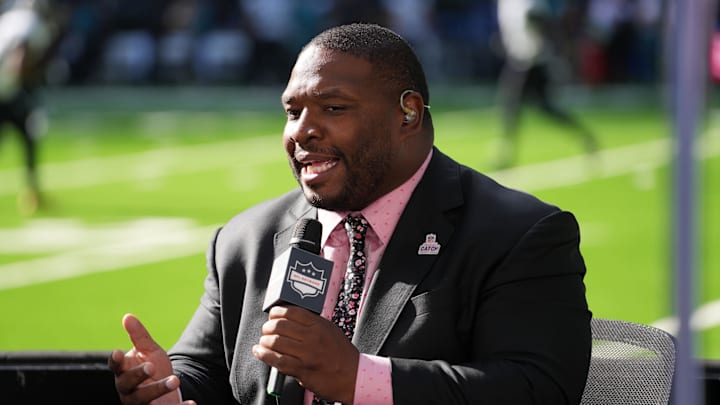 Oct 8, 2023; London United Kingdom, NFL Network commentator Maurice Jones-Drew during an NFL International Series game at Tottenham Hotspur Stadium. Mandatory Credit: Kirby Lee-Imagn Images