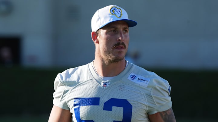 Jul 23, 2025; Los Angeles, CA, USA; Los Angeles Rams linebacker Nate Landman (53) during training camp at Loyola Marymount University. Mandatory Credit: Kirby Lee-Imagn Images Jul 23, 2025; Los Angeles, CA, USA; Los Angeles Rams linebacker Nate Landman (53) during training camp at Loyola Marymount University. Mandatory Credit: Kirby Lee-Imagn Images