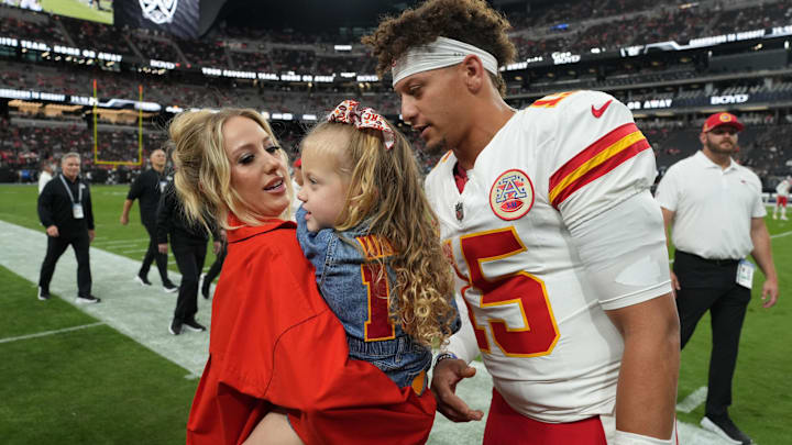 Kansas City Chiefs quarterback Patrick Mahomes (15) interacts with wife Brittany Mahomes and daughter Sterling Mahomes during the game against the Las Vegas Raiders at Allegiant Stadium. Kansas City Chiefs quarterback Patrick Mahomes (15) interacts with wife Brittany Mahomes and daughter Sterling Mahomes during the game against the Las Vegas Raiders at Allegiant Stadium.