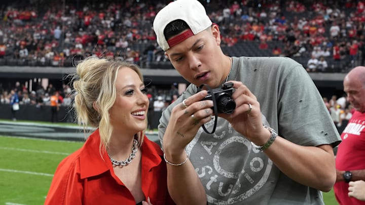 Brittany Mahomes (left) and Jackson Mahomes, the wife and brother of Kansas City Chiefs quarterback Patrick Mahomes, attend the game against the Las Vegas Raiders at Allegiant Stadium.
