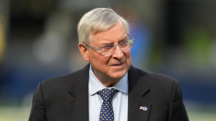 Dec 8, 2024; Inglewood, California, USA; Buffalo Bills owner Terry Pegula attends the game against the Los Angeles Rams at SoFi Stadium. Mandatory Credit: Kirby Lee-Imagn Images