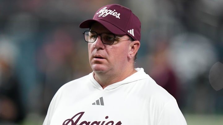 Texas A&M Aggies head coach Mike Elko reacts against the Southern California Trojans in the first half at Allegiant Stadium. Texas A&M Aggies head coach Mike Elko reacts against the Southern California Trojans in the first half at Allegiant Stadium.
