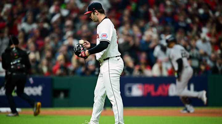 Oct 18, 2024; Cleveland, Ohio, USA; Cleveland Guardians pitcher Gavin Williams (32) reacts after a two run home run by New York Yankees outfielder Juan Soto (22) in the first inning during game four of the ALCS for the 2024 MLB playoffs at Progressive Field. Mandatory Credit: David Dermer-Imagn Images