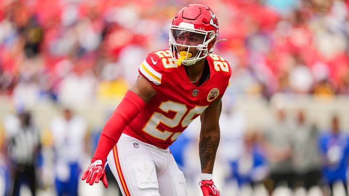 Aug 15, 2026; Kansas City, Missouri, USA; Kansas City Chiefs safety Xavier Nwankpa (29) defends during the second half against the Los Angeles Rams at Arrowhead Stadium. Mandatory Credit: Jay Biggerstaff-Imagn Images