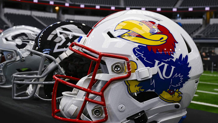 Jul 12, 2023; Arlington, TX, USA; A view of the Kansas Jayhawks helmet and logo