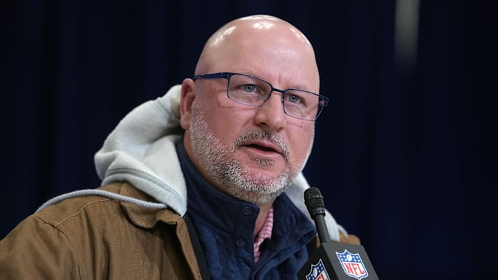 Feb 24, 2026; Indianapolis, IN, USA; Los Angeles Chargers general manager Joe Hortiz speaks at the NFL Scouting Combine at the Indiana Convention Center. Mandatory Credit: Kirby Lee-Imagn Images