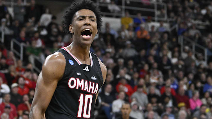 Mar 20, 2025; Providence, RI, USA;  Omaha Mavericks forward Marquel Sutton (10) reacts to scoring against St. John's Red Storm during the first half at Amica Mutual Pavilion. Mandatory Credit: Eric Canha-Imagn Images