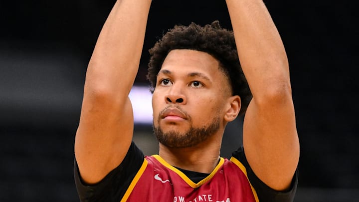 Mar 19, 2026; St. Louis, MO, USA; Iowa State Cyclones forward Joshua Jefferson (5) shoots during a practice session ahead of the first round of the men's 2026 NCAA Tournament at Enterprise Center.