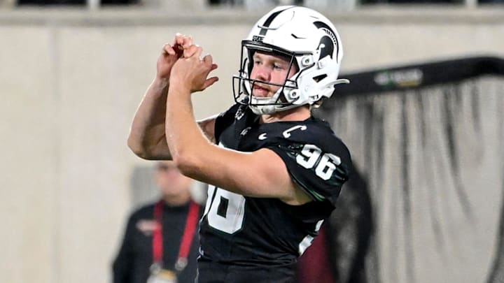 Michigan State's Ryan Eckley mimics a golf swing after a deep punt against Boston College during the fourth quarter on Saturday, Sept. 6, 2025, at Spartan Stadium in East Lansing.