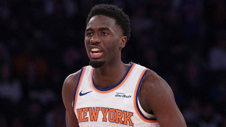 Feb 19, 2026; New York, New York, USA; New York Knicks forward Mohamed Diawara (51) reacts during the first half against the Detroit Pistons at Madison Square Garden. Mandatory Credit: Vincent Carchietta-Imagn Images