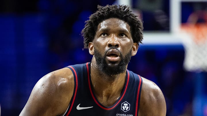 Dec 20, 2023; Philadelphia, Pennsylvania, USA; Philadelphia 76ers center Joel Embiid (21) shoots a foul shot against the Minnesota Timberwolves during the fourth quarter at Wells Fargo Center. Mandatory Credit: Bill Streicher-Imagn Images Dec 20, 2023; Philadelphia, Pennsylvania, USA; Philadelphia 76ers center Joel Embiid (21) shoots a foul shot against the Minnesota Timberwolves during the fourth quarter at Wells Fargo Center. Mandatory Credit: Bill Streicher-Imagn Images
