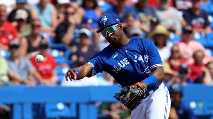 Mar 13, 2023; Dunedin, Florida, USA;  Toronto Blue Jays infielder Orelvis Martinez (2) throws the ball for an out during the third inning against the Boston Red Sox at TD Ballpark.