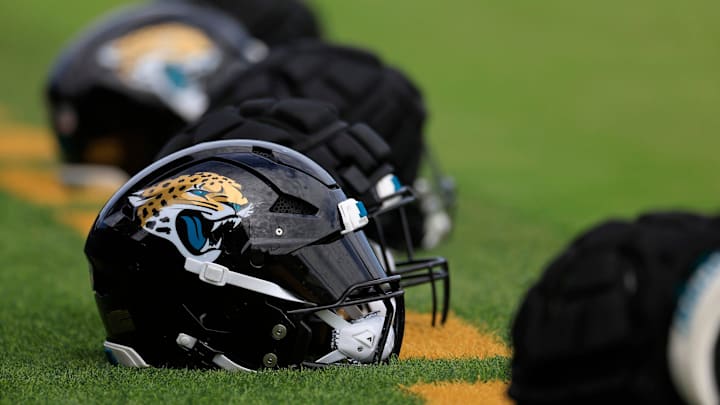 The helmet of Jacksonville Jaguars linebacker Josh Hines-Allen (41) sits at the back of the end zone during the third day of an NFL football training camp practice Friday, July 26, 2024 at EverBank Stadium’s Miller Electric Center in Jacksonville, Fla. The helmet of Jacksonville Jaguars linebacker Josh Hines-Allen (41) sits at the back of the end zone during the third day of an NFL football training camp practice Friday, July 26, 2024 at EverBank Stadium’s Miller Electric Center in Jacksonville, Fla.
