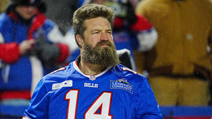 Former Buffalo Bills quarterback Ryan Fitzpatrick was the evening’s legend of the game and lead the crowd with a cheer before the Buffalo Bills divisional game against the Baltimore Ravens at Highmark Stadium in Orchard Park on Jan. 19, 2025.