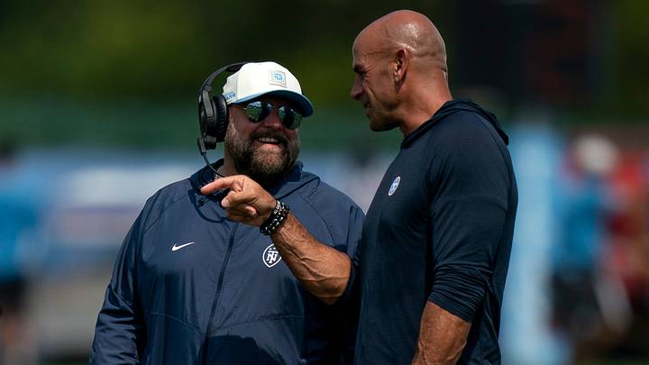 Tennessee Titans Brian Daboll, offensive coordinator, and Coach Robert Saleh talk during training camp at Vanderbilt Health Football Center Thursday, Aug. 6, 2026. Tennessee Titans Brian Daboll, offensive coordinator, and Coach Robert Saleh talk during training camp at Vanderbilt Health Football Center Thursday, Aug. 6, 2026.