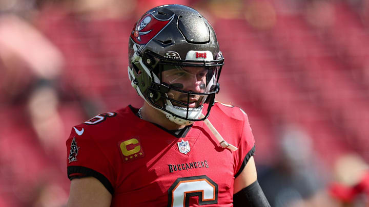 Dec 29, 2024; Tampa, Florida, USA; Tampa Bay Buccaneers quarterback Baker Mayfield (6) warms up before a game against the Carolina Panthers at Raymond James Stadium. Mandatory Credit: Nathan Ray Seebeck-Imagn Images