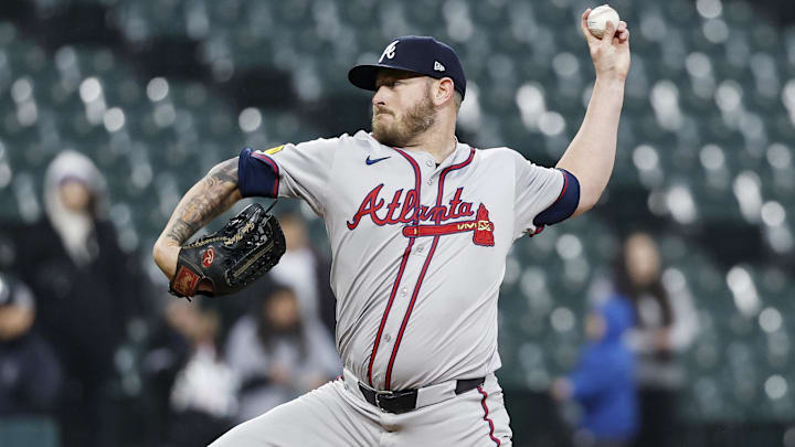 Apr 1, 2024; Chicago, Illinois, USA; Atlanta Braves relief pitcher Tyler Matzek (68) pitches against the Chicago White Sox during the ninth inning at Guaranteed Rate Field. Mandatory Credit: Kamil Krzaczynski-Imagn Images