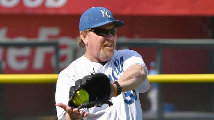 Jun 17, 2016; Kansas City, MO, USA; Kansas City Royals former player Al Fitzmorris warms up before the Big Slick Celebrity Softball game at Kauffman Stadium. Mandatory Credit: Denny Medley-Imagn Images