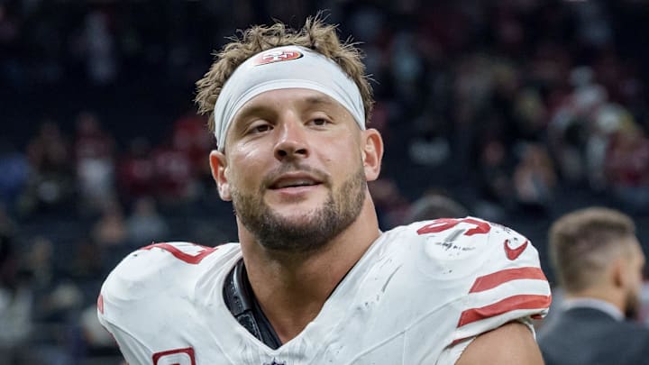 Sep 14, 2025; New Orleans, Louisiana, USA; San Francisco 49ers defensive end Nick Bosa (97) leaves the field at Caesars Superdome.