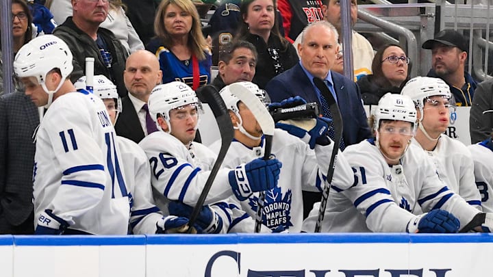 Mar 28, 2026; St. Louis, Missouri, USA; Toronto Maple Leafs head coach Craig Berube looks on from the bench during the third period against the St. Louis Blues at Enterprise Center. Mandatory Credit: Jeff Curry-Imagn Images