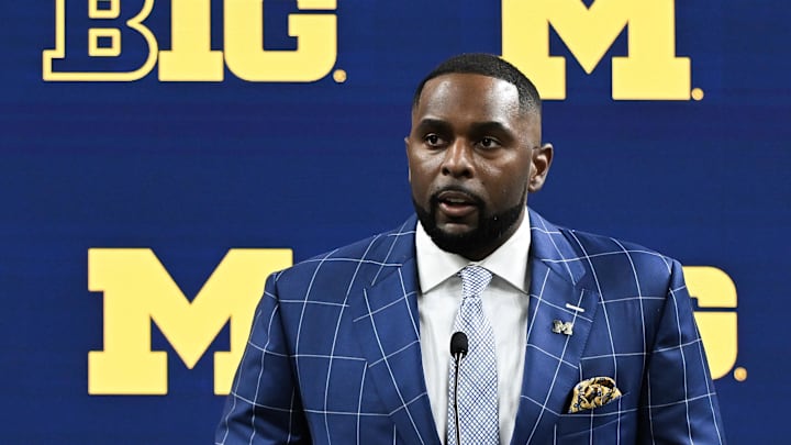 Jul 25, 2024; Indianapolis, IN, USA; Michigan Wolverines head coach Sherrone Moore speaks to the media during the Big 10 football media day at Lucas Oil Stadium. Mandatory Credit: Robert Goddin-USA TODAY Sports