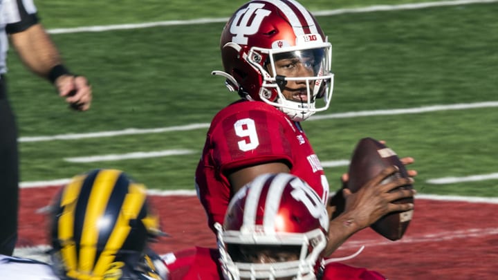 Indiana Hoosiers quarterback Michael Penix Jr. (9) prepares to throw a pass against Michigan in 2020.