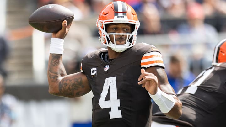 Sep 22, 2024; Cleveland, Ohio, USA; Cleveland Browns quarterback Deshaun Watson (4) throws the ball against the New York Giants during the second quarter at Huntington Bank Field.