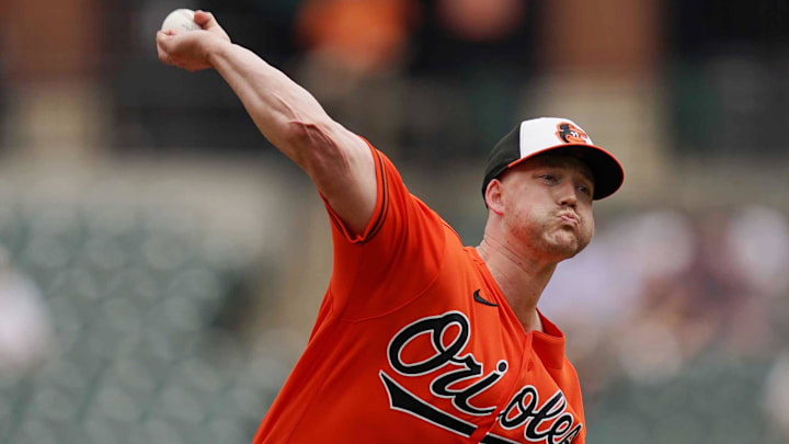 May 13, 2026; Baltimore, Maryland, USA; Baltimore Orioles pitcher Kyle Bradish (38) delivers during the first inning against the New York Yankees at Oriole Park at Camden Yards. Mandatory Credit: Mitch Stringer-Imagn Images