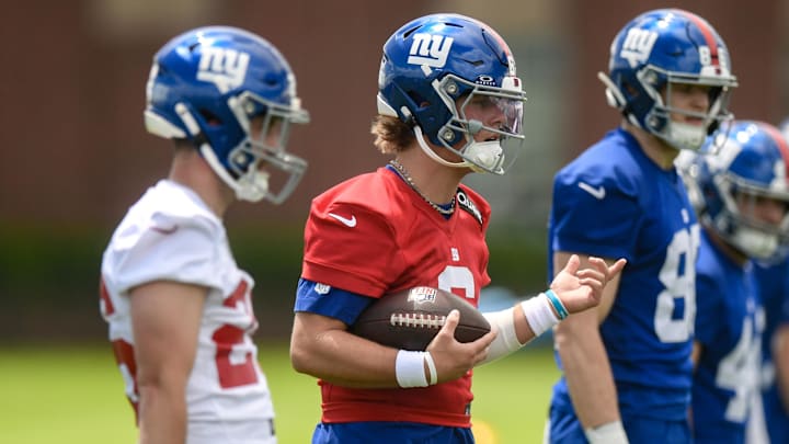 May 10, 2025; East Rutherford, NJ, USA; New York Giants quarterback Jaxson Dart (6) warms up during rookie minicamp at Quest Diagnostics Training Center. Mandatory Credit: John Jones-Imagn Images