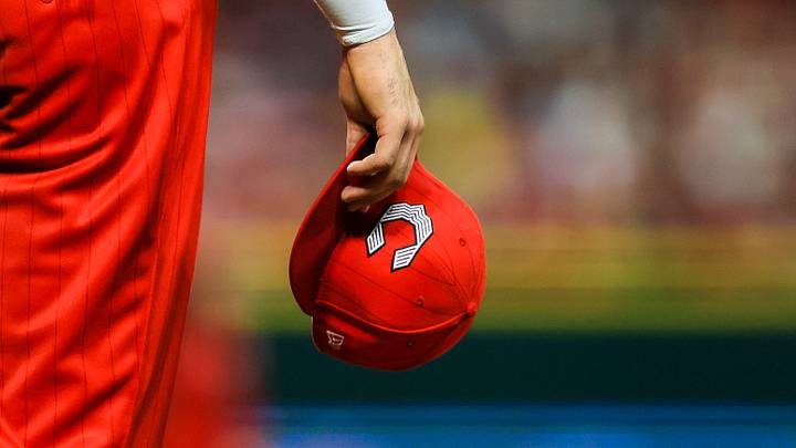 Aug 15, 2026; Cincinnati, Ohio, USA; A general view as Cincinnati Reds first baseman Sal Stewart (27) holds his hat during a stop in play in the eighth inning against the Miami Marlins at Great American Ball Park. Mandatory Credit: Katie Stratman-Imagn Images Aug 15, 2026; Cincinnati, Ohio, USA; A general view as Cincinnati Reds first baseman Sal Stewart (27) holds his hat during a stop in play in the eighth inning against the Miami Marlins at Great American Ball Park. Mandatory Credit: Katie Stratman-Imagn Images