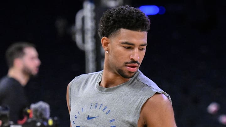 Apr 1, 2025; New York, New York, USA; Philadelphia 76ers guard Quentin Grimes (5) warms up before a game against the New York Knicks at Madison Square Garden. Mandatory Credit: John Jones-Imagn Images