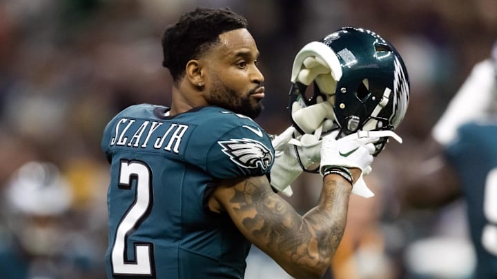 Feb 9, 2025; New Orleans, LA, USA; Philadelphia Eagles cornerback Darius Slay Jr. (2) against the Kansas City Chiefs during Super Bowl LIX at Ceasars Superdome. Mandatory Credit: Mark J. Rebilas-Imagn Images Feb 9, 2025; New Orleans, LA, USA; Philadelphia Eagles cornerback Darius Slay Jr. (2) against the Kansas City Chiefs during Super Bowl LIX at Ceasars Superdome. Mandatory Credit: Mark J. Rebilas-Imagn Images
