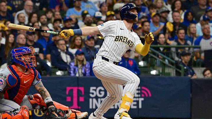 Oct 3, 2024; Milwaukee, Wisconsin, USA; Milwaukee Brewers pinch hitter Jake Bauers (9) hits a solo home run against the New York Mets in the seventh inning during game three of the Wildcard round for the 2024 MLB Playoffs at American Family Field. Mandatory Credit: Benny Sieu-Imagn Images Oct 3, 2024; Milwaukee, Wisconsin, USA; Milwaukee Brewers pinch hitter Jake Bauers (9) hits a solo home run against the New York Mets in the seventh inning during game three of the Wildcard round for the 2024 MLB Playoffs at American Family Field. Mandatory Credit: Benny Sieu-Imagn Images