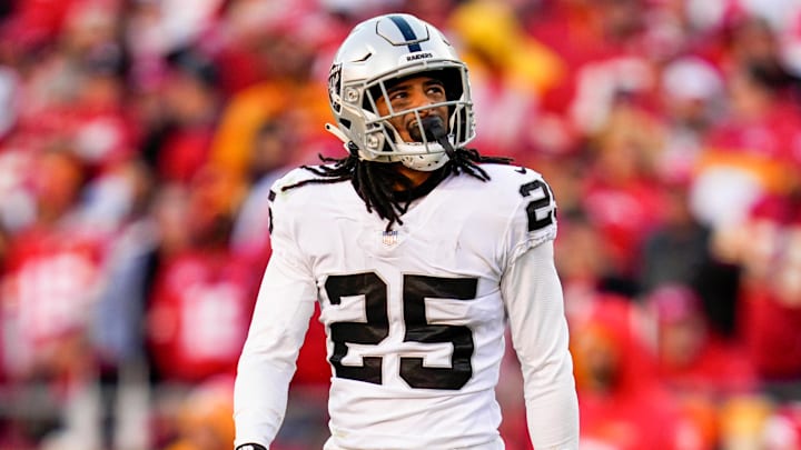 Dec 12, 2021; Kansas City, Missouri, USA; Las Vegas Raiders free safety Trevon Moehrig (25) reacts during the second half against the Kansas City Chiefs at GEHA Field at Arrowhead Stadium. Mandatory Credit: Jay Biggerstaff-Imagn Images