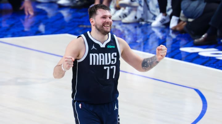 Mavericks guard Luka Doncic celebrates after a basket during Game 4 of the 2024 NBA Finals against the Celtics.