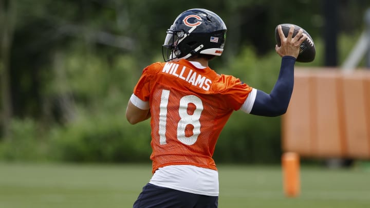 Jun 5, 2024; Lake Forest, IL, USA; Chicago Bears quarterback Caleb Williams (18) looks to pass the ball during the team's minicamp at Halas Hall. Mandatory Credit: Kamil Krzaczynski-USA TODAY Sports