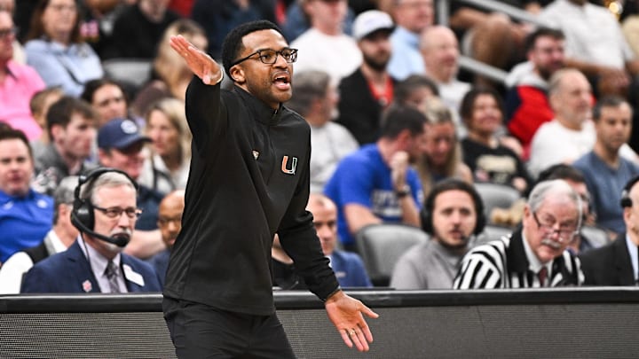 Mar 22, 2026; St. Louis, MO, USA; Miami Hurricanes head coach Jai Lucas calls a play during the first half against the Purdue Boilermakers during a second round game of the men's 2026 NCAA Tournament at Enterprise Center. Mandatory Credit: Jeff Le-Imagn Images